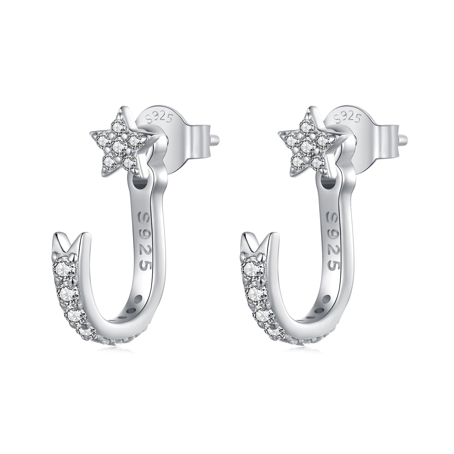 925 Sterling Silver CZ Earrings with White Gold Plating, 1.4x0.5cm for Women