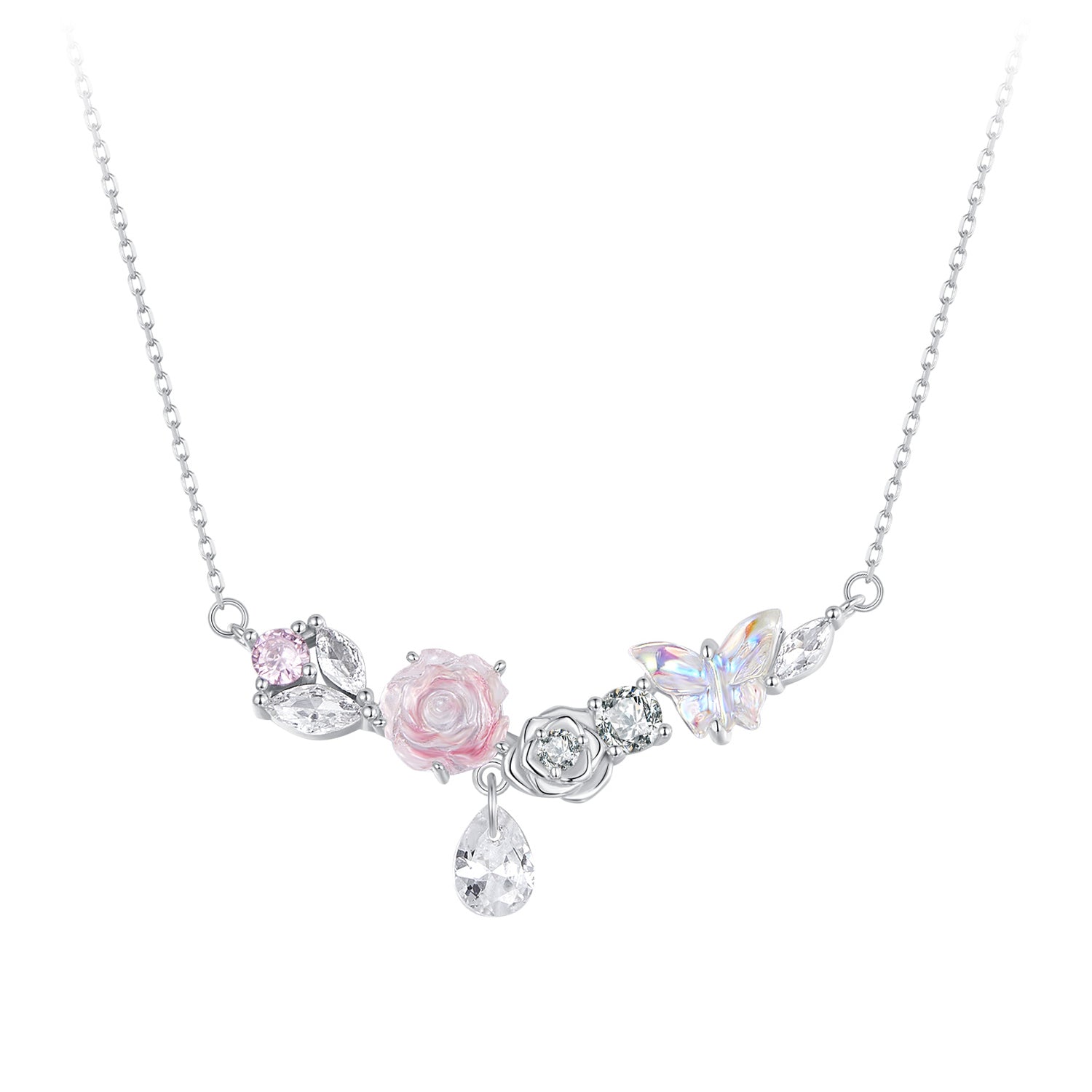 925 Sterling Silver Necklace with CZ & Resin Pendant, 18x39mm, Plated with White Gold