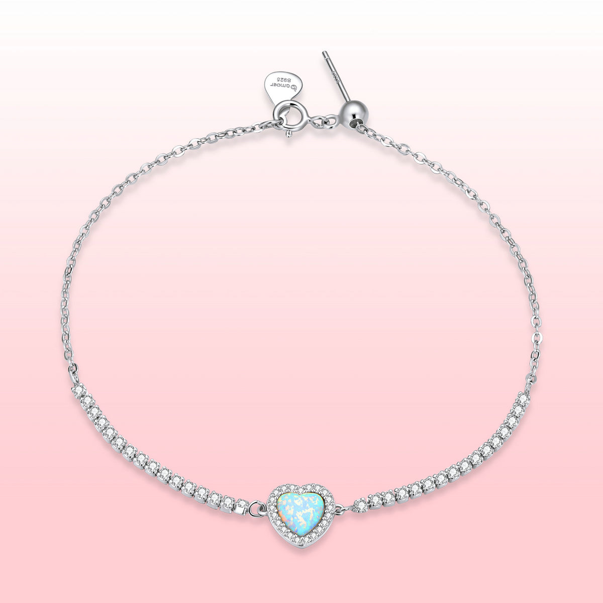 925 Sterling Silver Adjustable Bracelet with Translucent Opal and CZ for Women