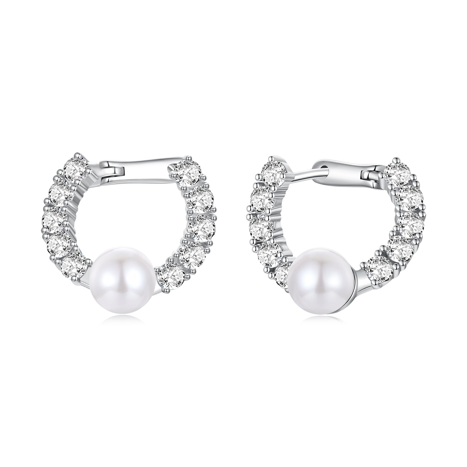 925 Sterling Silver White Gold Plated 1.6cm Hoop Earrings with Synthetic Pearl for Women