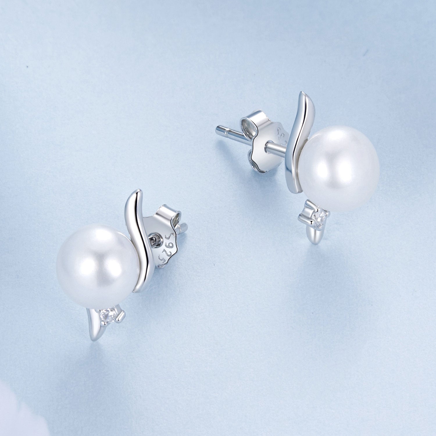 925 Sterling Silver Natural Pearl & CZ Earrings Plated in Platinum