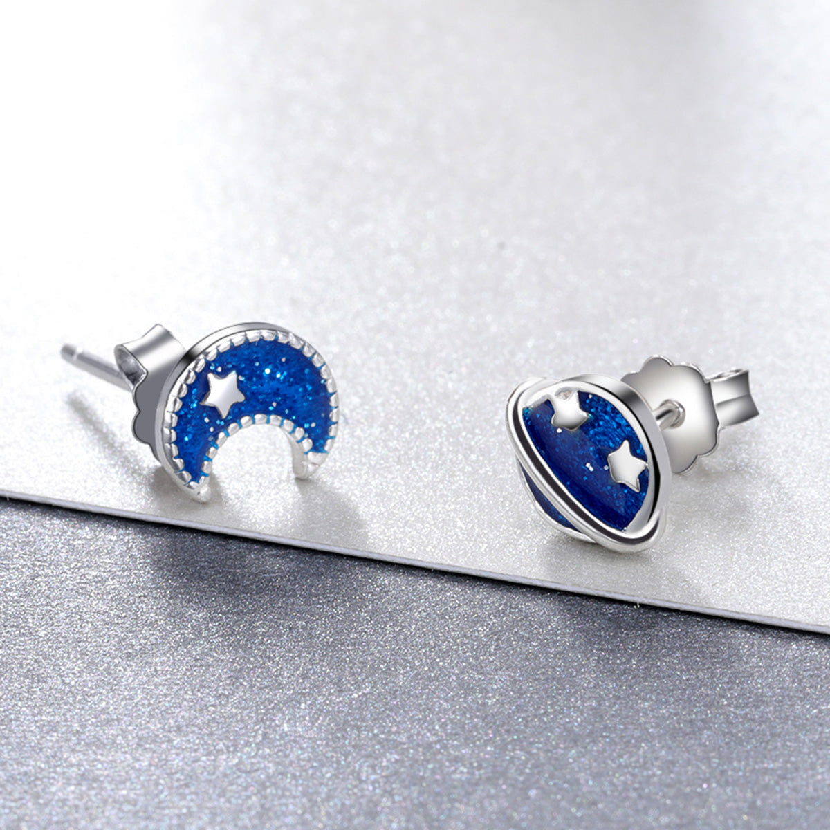 925 Sterling Silver Earrings for Women - Enamel Moon and Sun Design, 0.7x0.6cm, 0.6x0.8cm