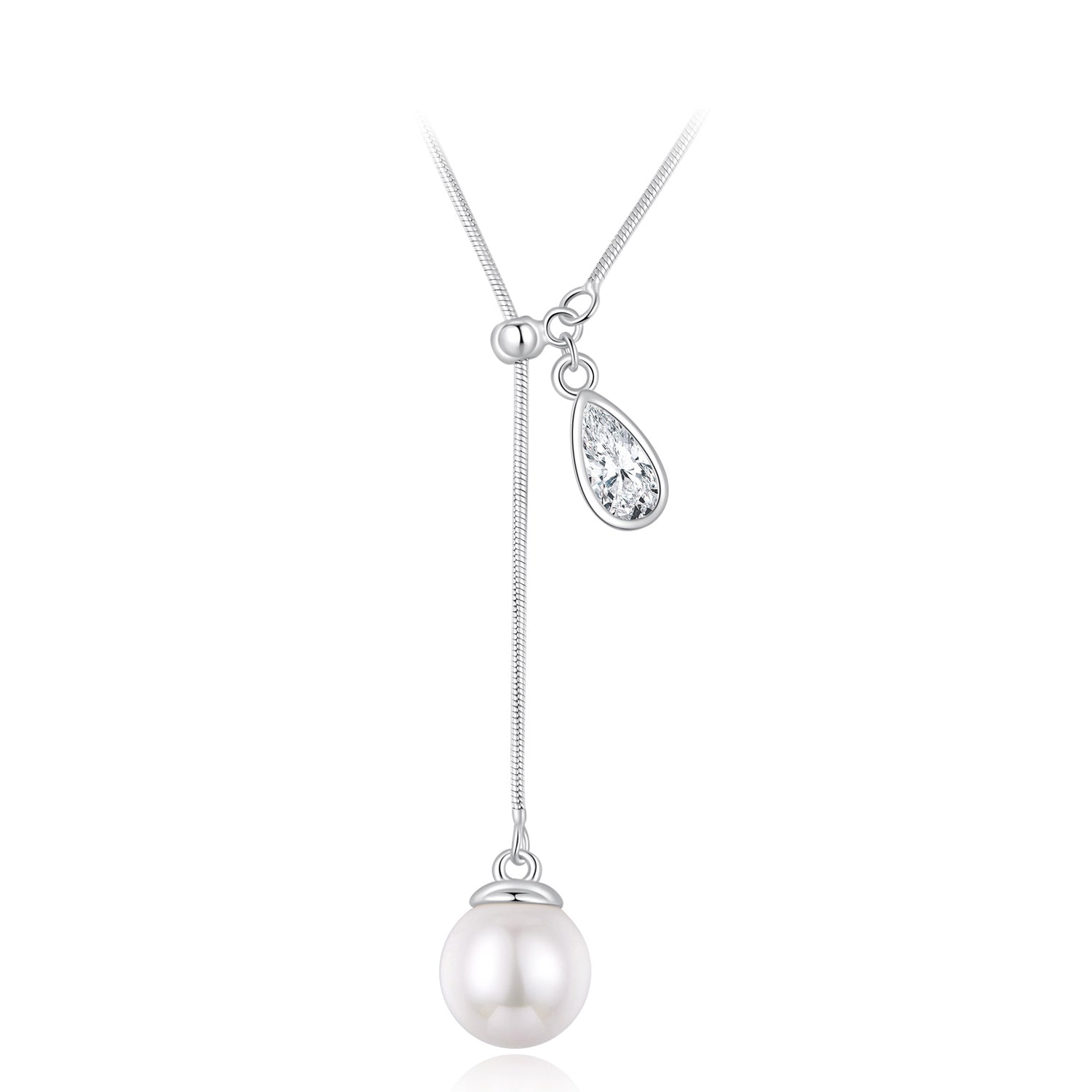 925 Sterling Silver Necklace with Synthetic Pearl and CZ in White Gold, 48+5cm for Women