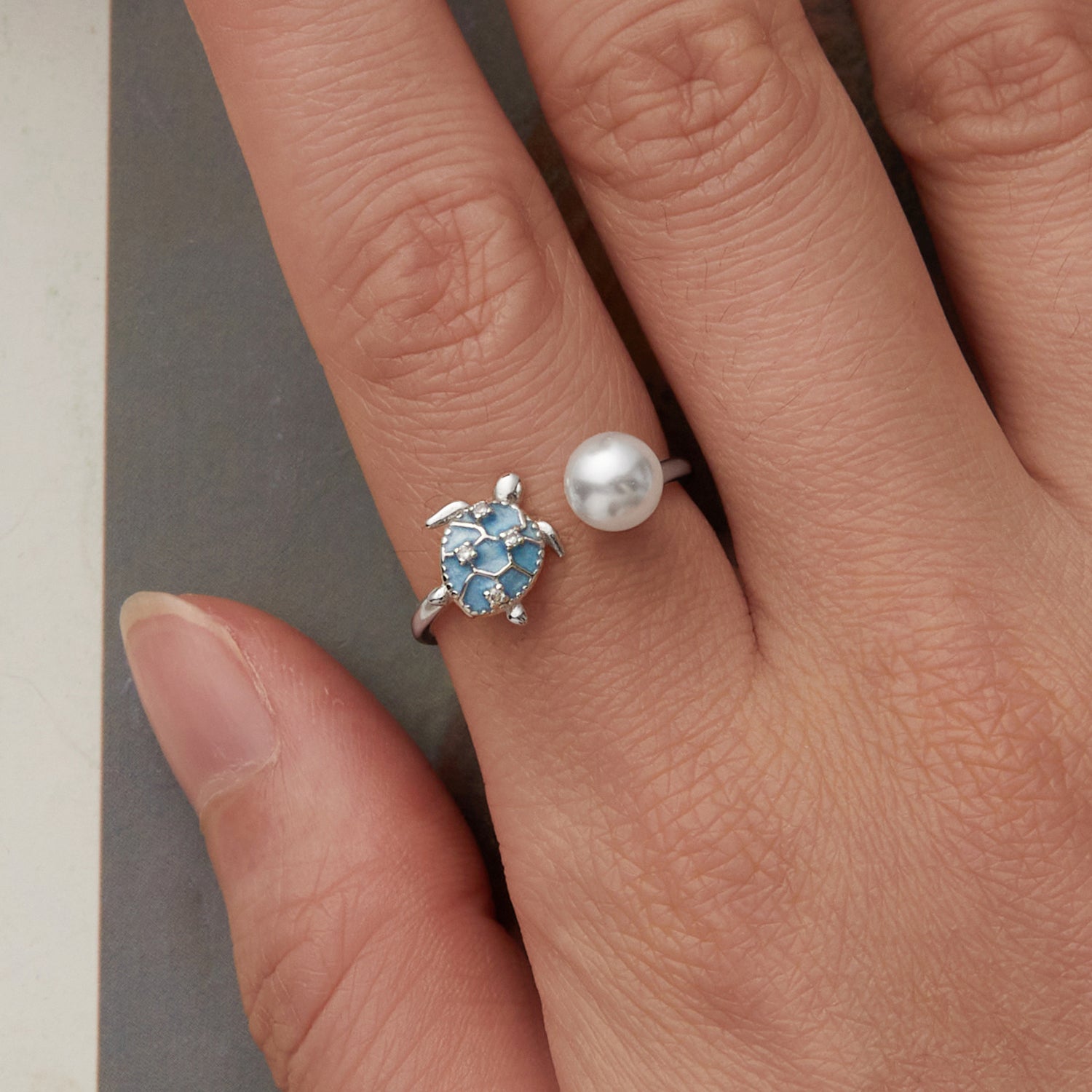 925 Sterling Silver Turtle Ring with Quality Shell Pearl & CZ - Size: nan