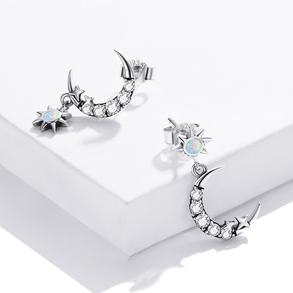 925 Sterling Silver Earrings with Translucent Opal and CZ in Oxidized Finish