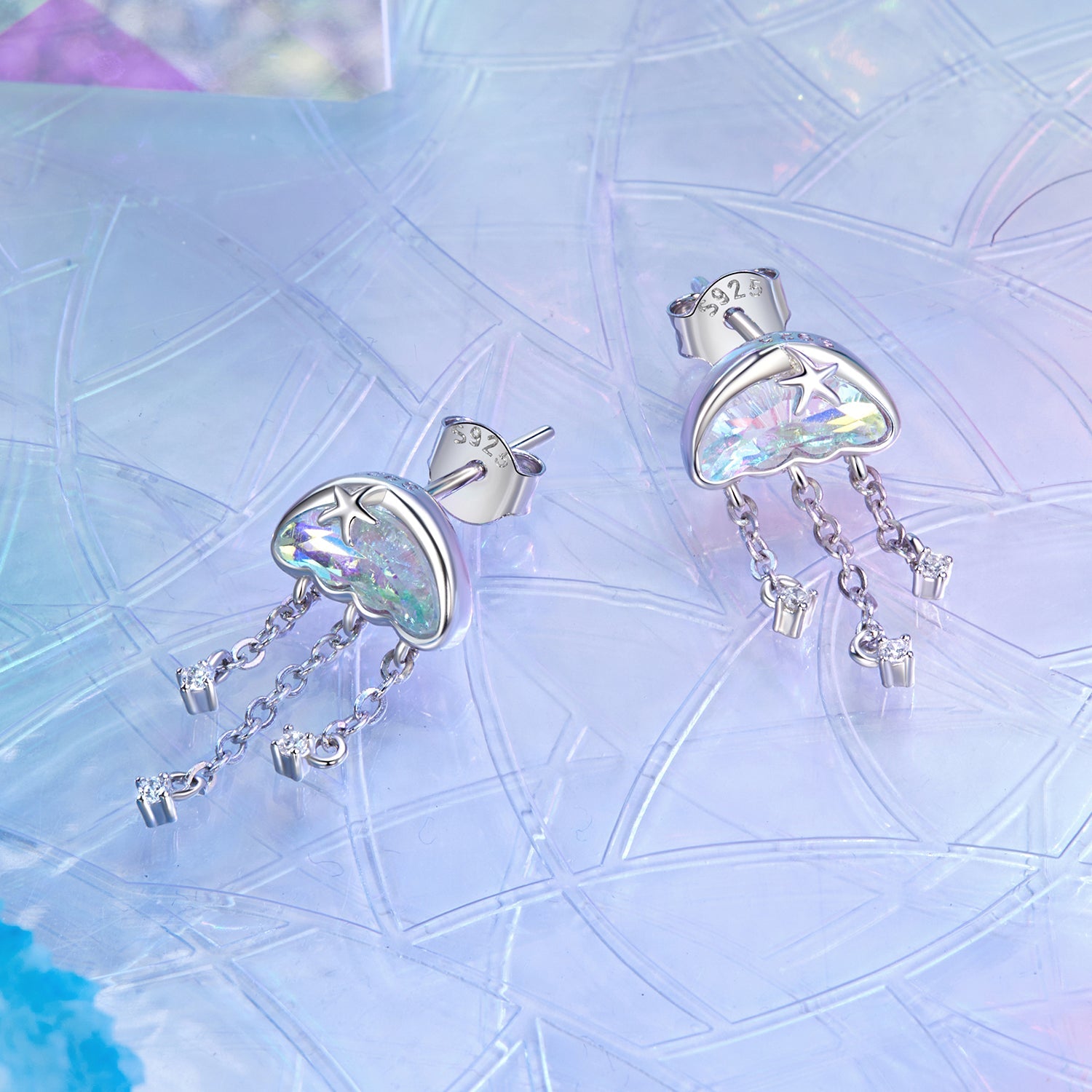 925 Sterling Silver Earrings with Pavé Setting CZ and Transparent Glass