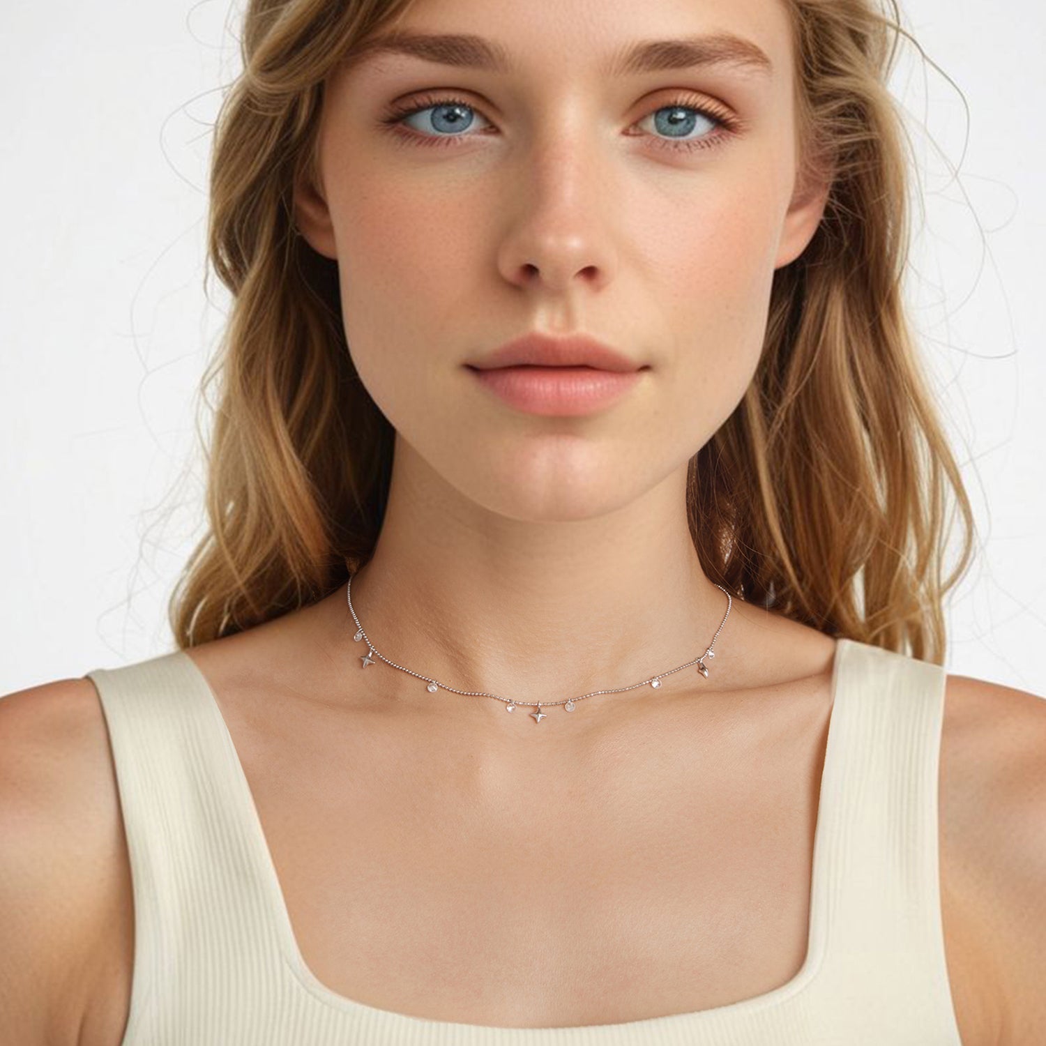 925 Sterling Silver Plated White Gold Pendant Necklace with CZ Charm for Women 38+6cm