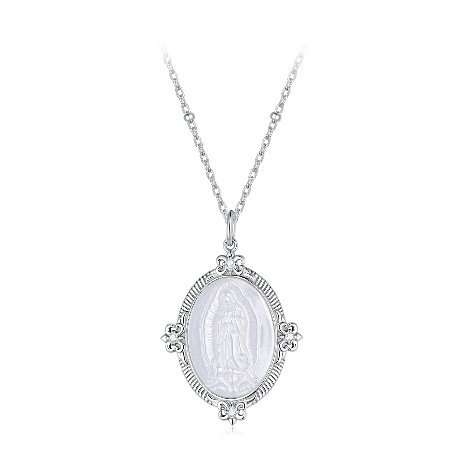 925 Sterling Silver Necklace with White Gold Plating, 40+5cm Length, CZ & Mother of Pearl Pendant for Women