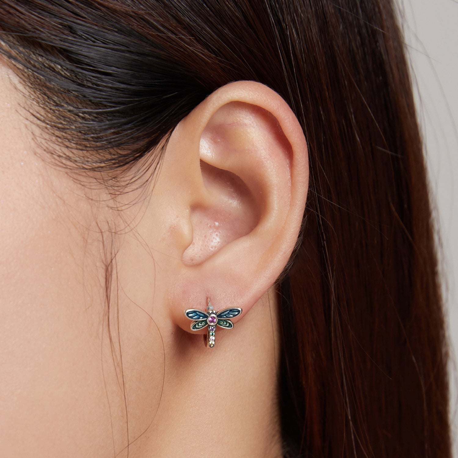 925 Sterling Silver Dragonfly Earrings with CZ and Enamel - 0.9 cm for Women