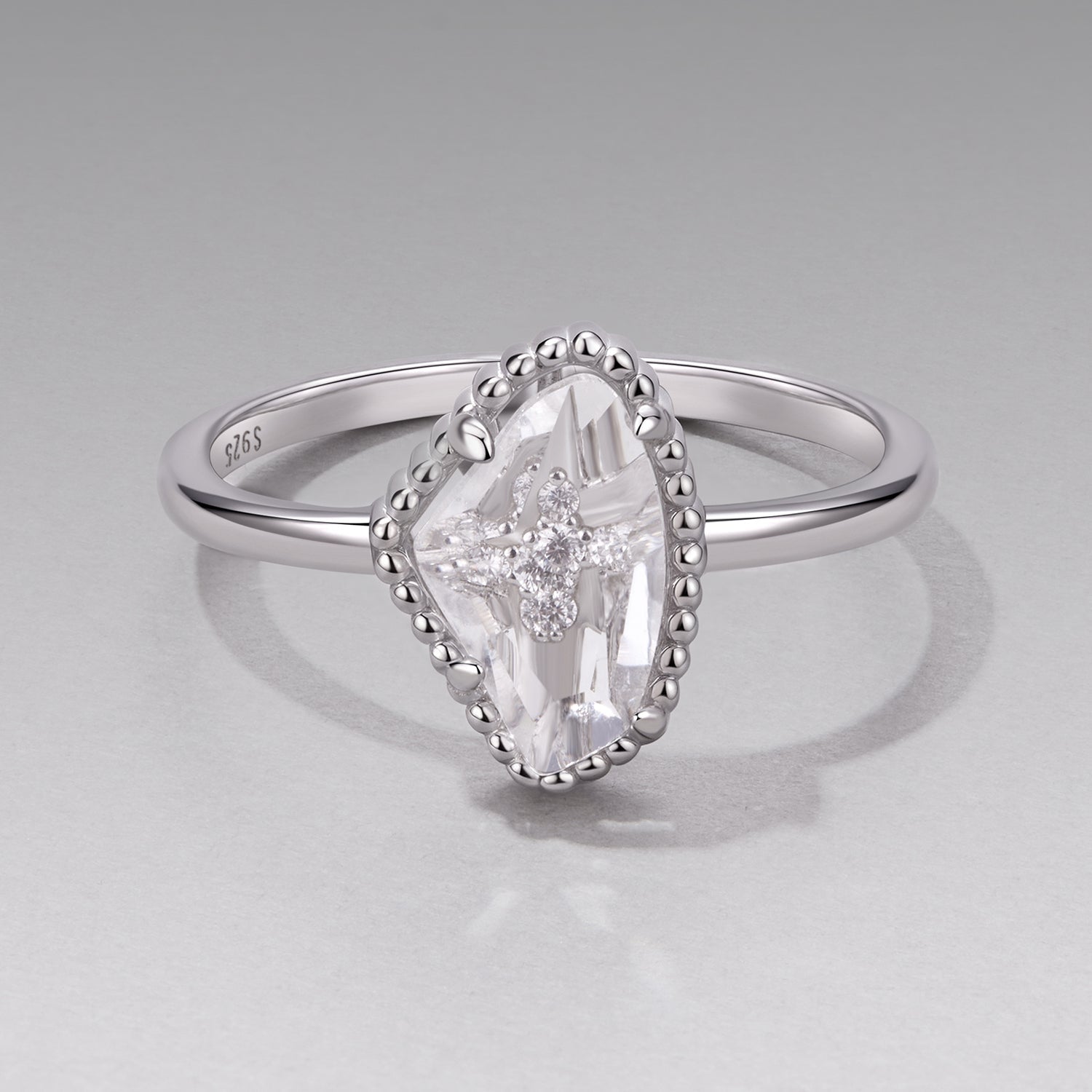 925 Sterling Silver Ring with Transparent Glass and CZ, 0.15cm Width, for Women
