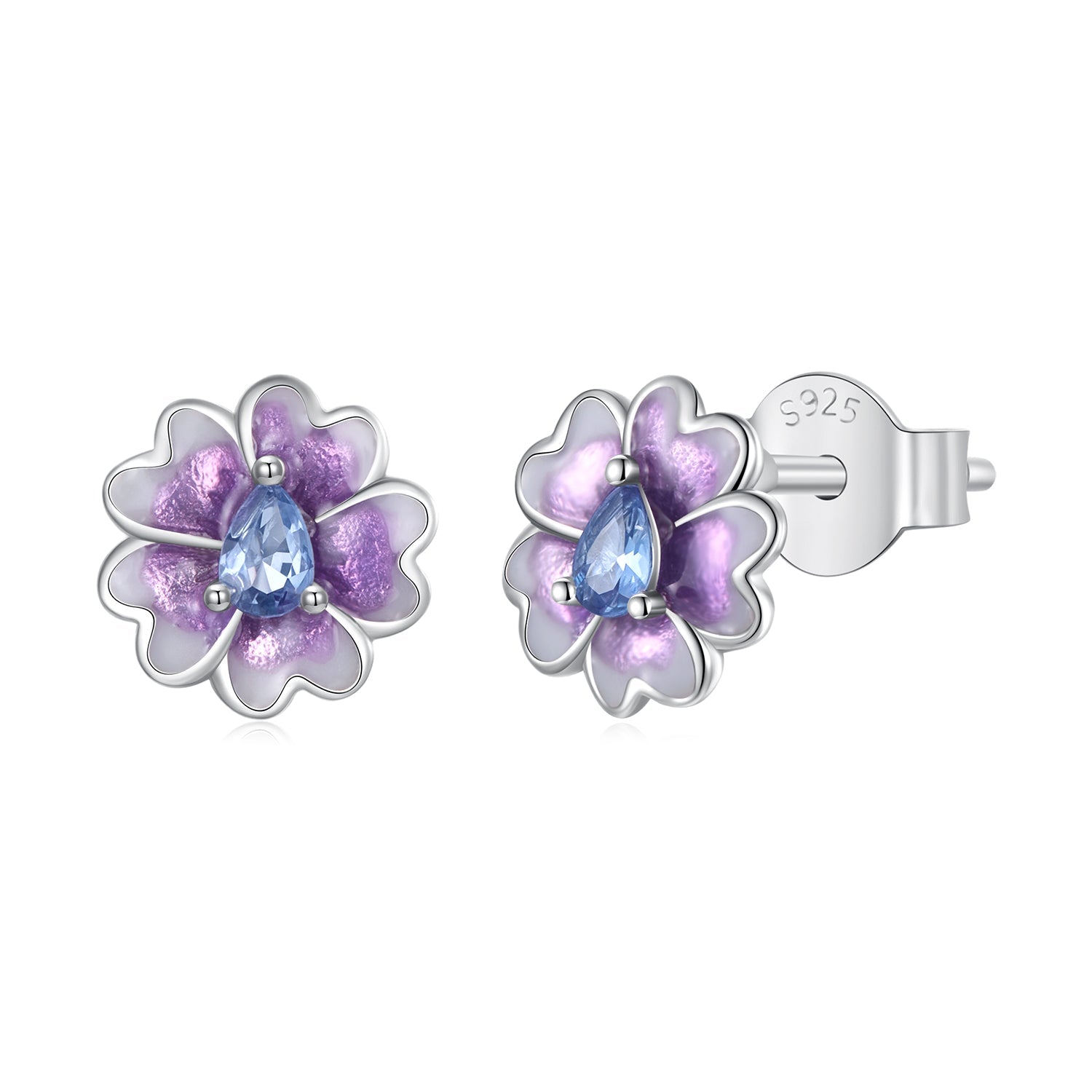 925 Sterling Silver Earrings with Pavé CZ and Enamel Process, 0.8cm, White Gold Plated for Women