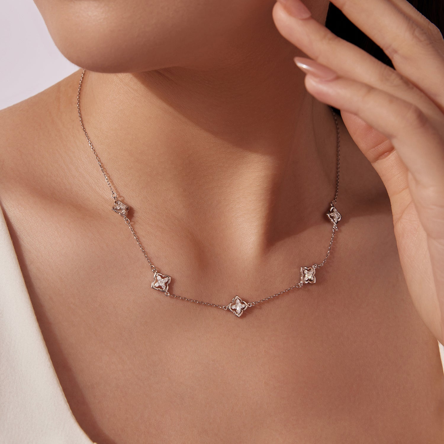 925 Sterling Silver + Moissanite Necklace with Plated White Gold - 40+5cm Length for Women