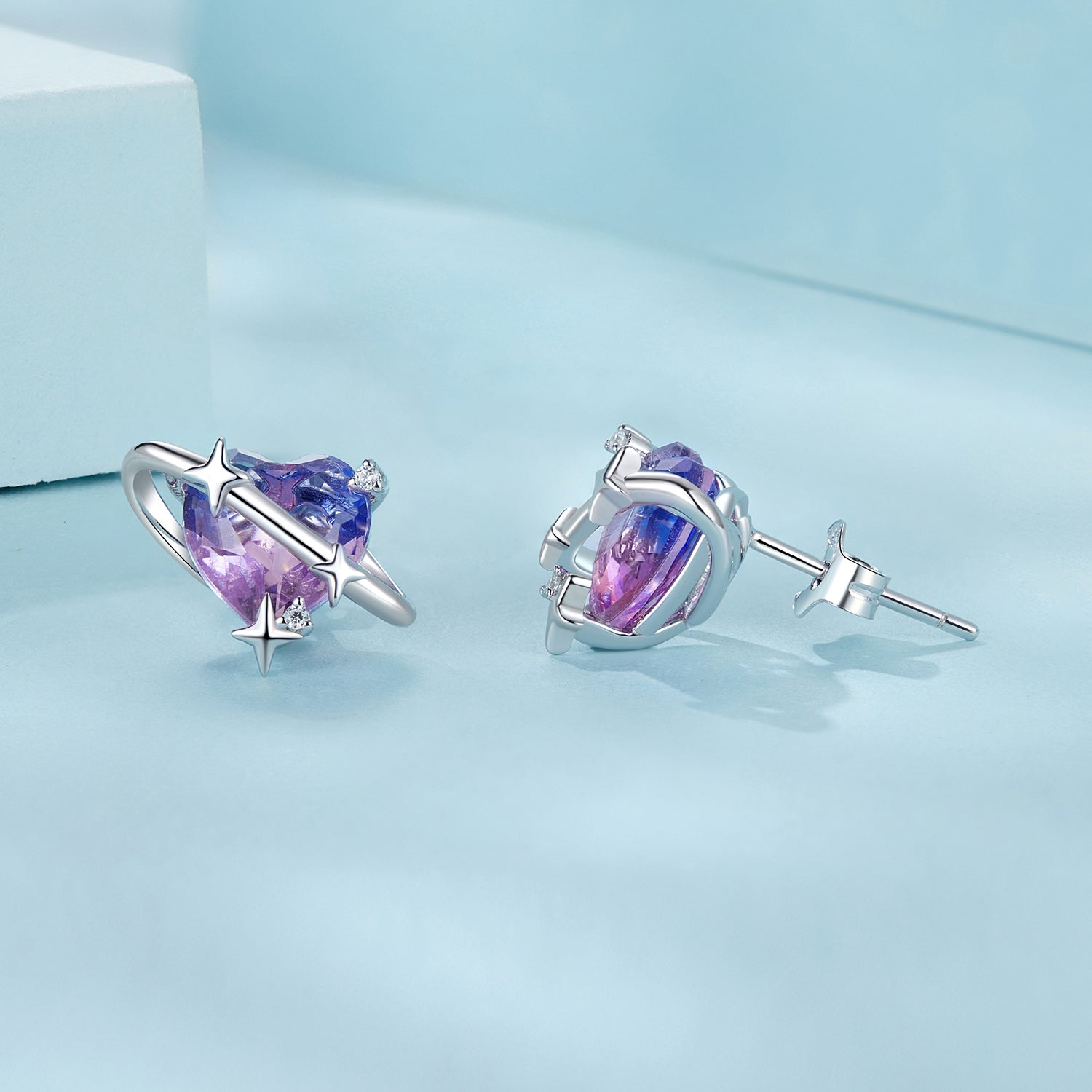 925 Sterling Silver Earrings with CZ and Transparent Glass in White Gold Plating for Women