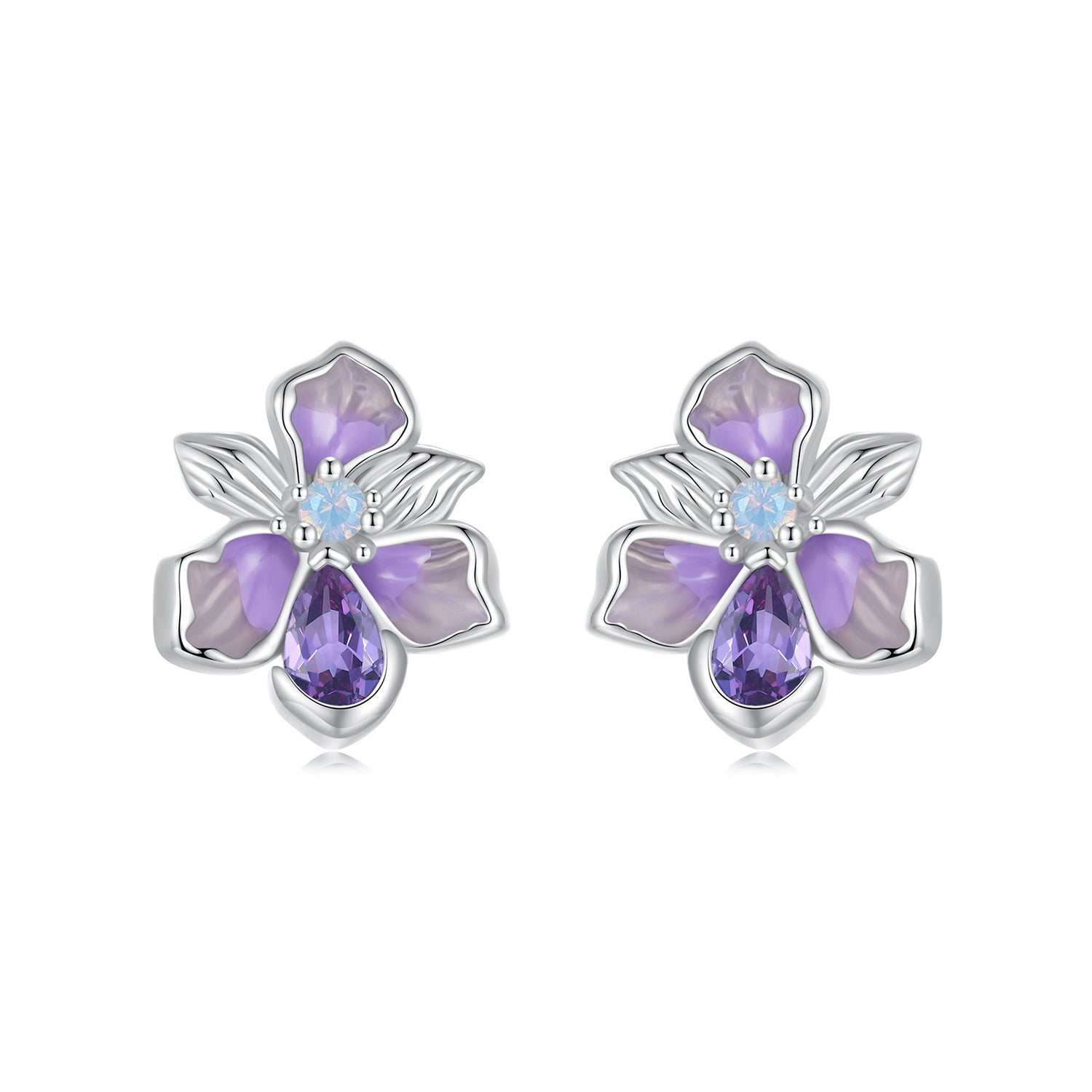 925 Sterling Silver Earrings with Nano Opal Stone and CZ, White Gold Plated, 0.7cm, for Women
