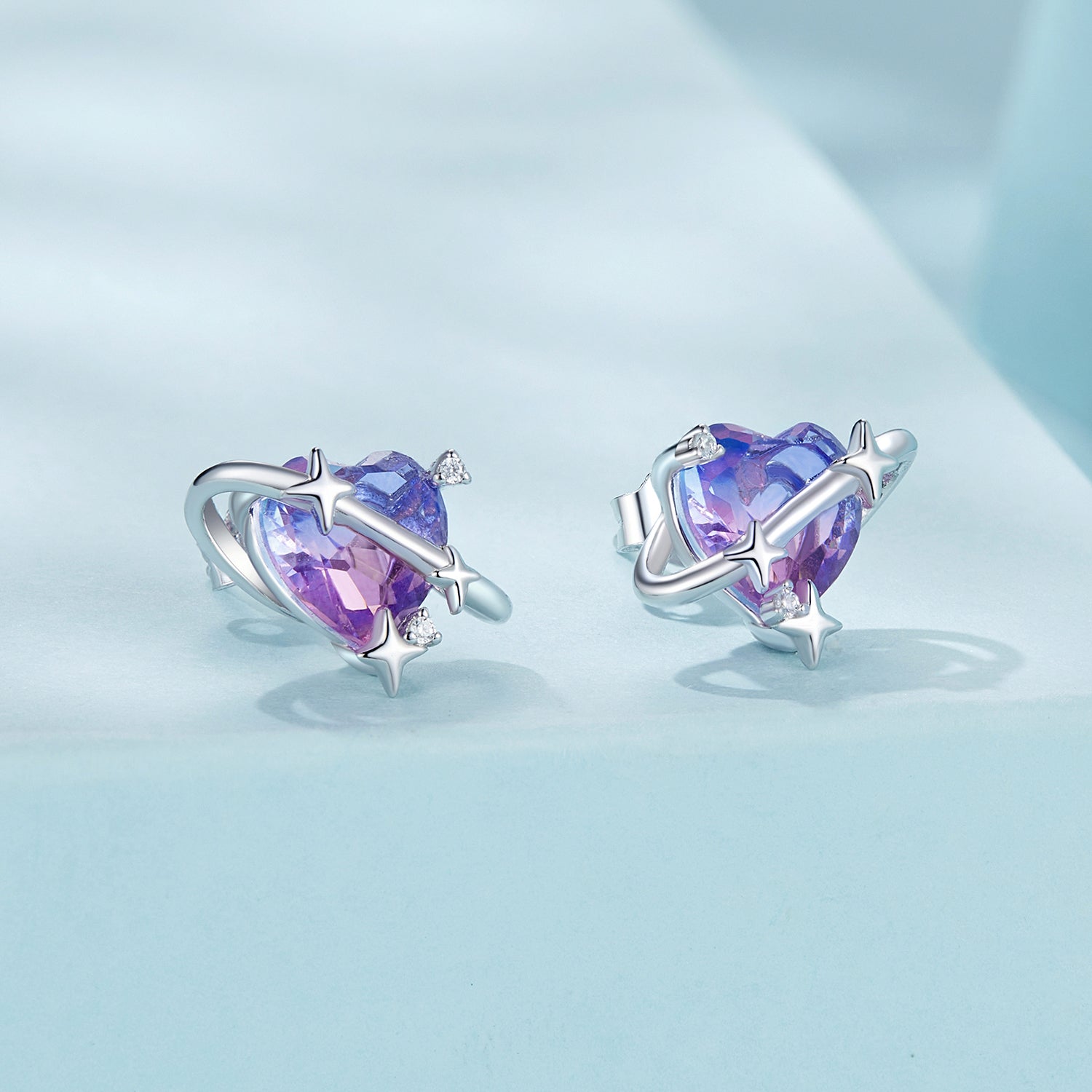 925 Sterling Silver Earrings with CZ and Transparent Glass in White Gold Plating for Women