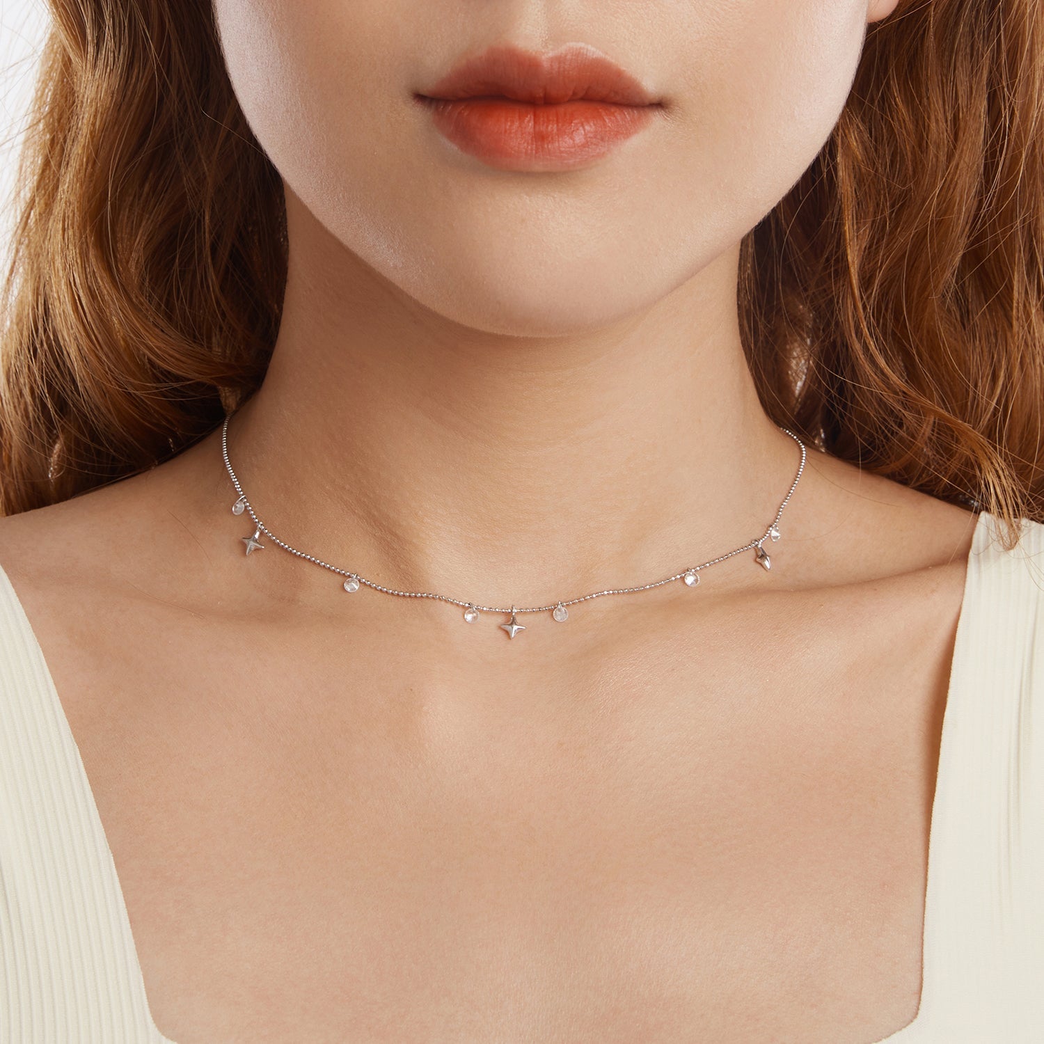 925 Sterling Silver Plated White Gold Pendant Necklace with CZ Charm for Women 38+6cm