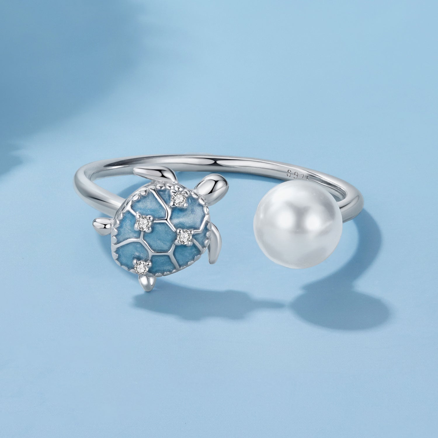 925 Sterling Silver Turtle Ring with Quality Shell Pearl & CZ - Size: nan