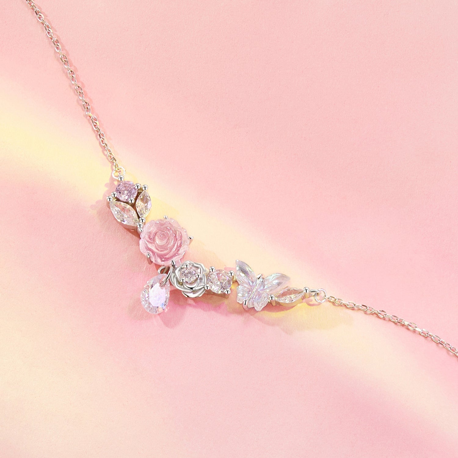 925 Sterling Silver Necklace with CZ & Resin Pendant, 18x39mm, Plated with White Gold