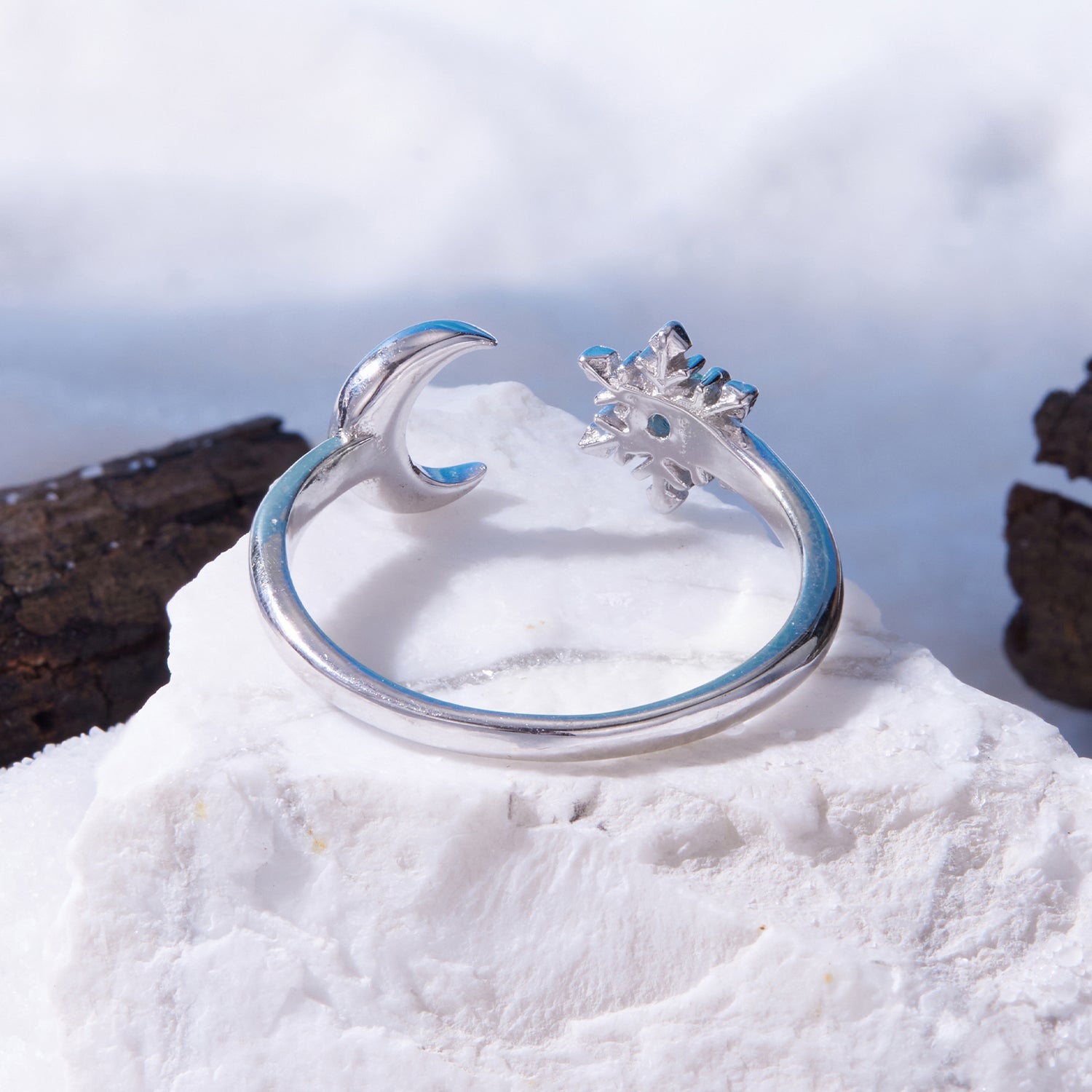 925 Sterling Silver Ring with Glass Snowflakes and Moon for Women