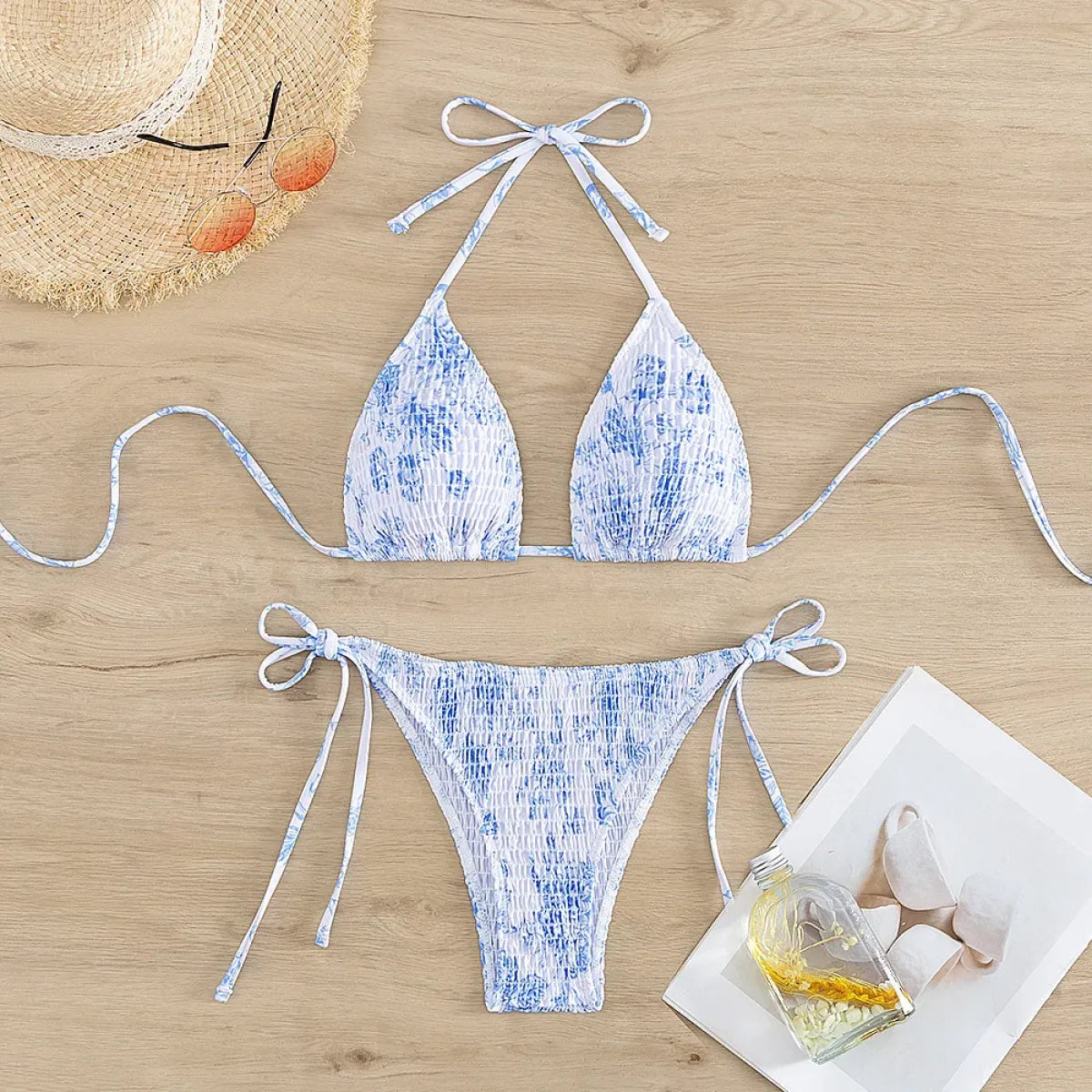 Ruched Floral Halter Bikini Set – Kawaii Beach Swimwear