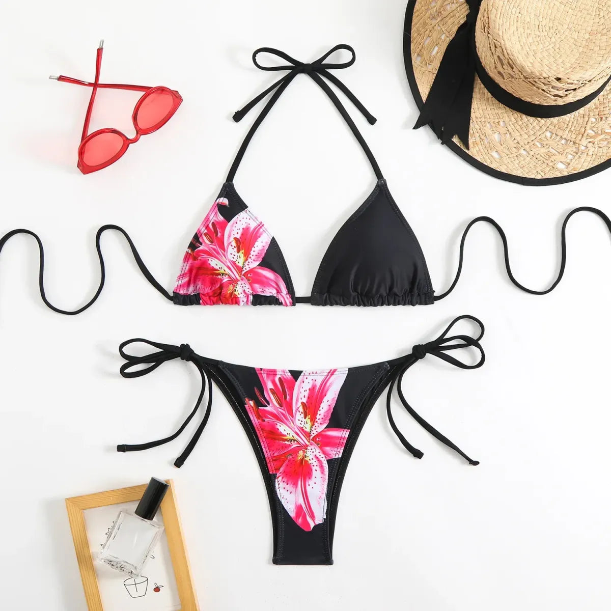 Halter Bikini Set – Vintage Floral Print String Swimwear