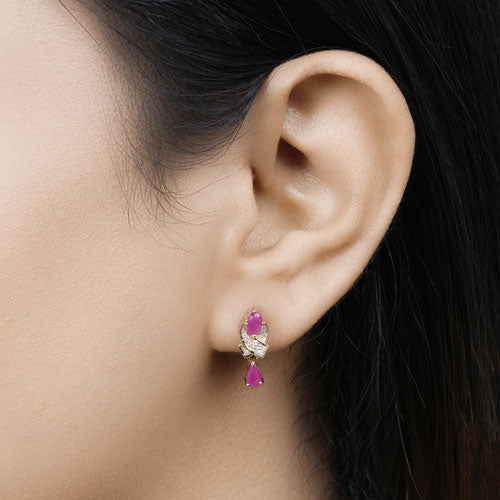 1.12 Carat Genuine Ruby and White Diamond 14K Yellow Gold Earrings