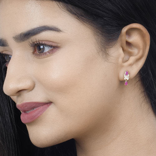 1.12 Carat Genuine Ruby and White Diamond 14K Yellow Gold Earrings