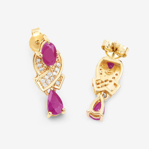 1.12 Carat Genuine Ruby and White Diamond 14K Yellow Gold Earrings