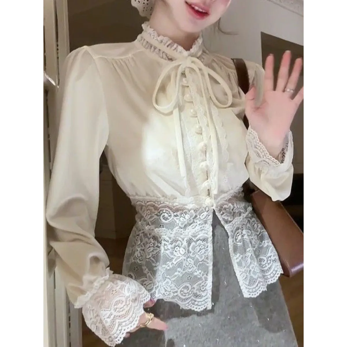 Ivory Lace-Trimmed Blouse – Elegant Retro Spring Style