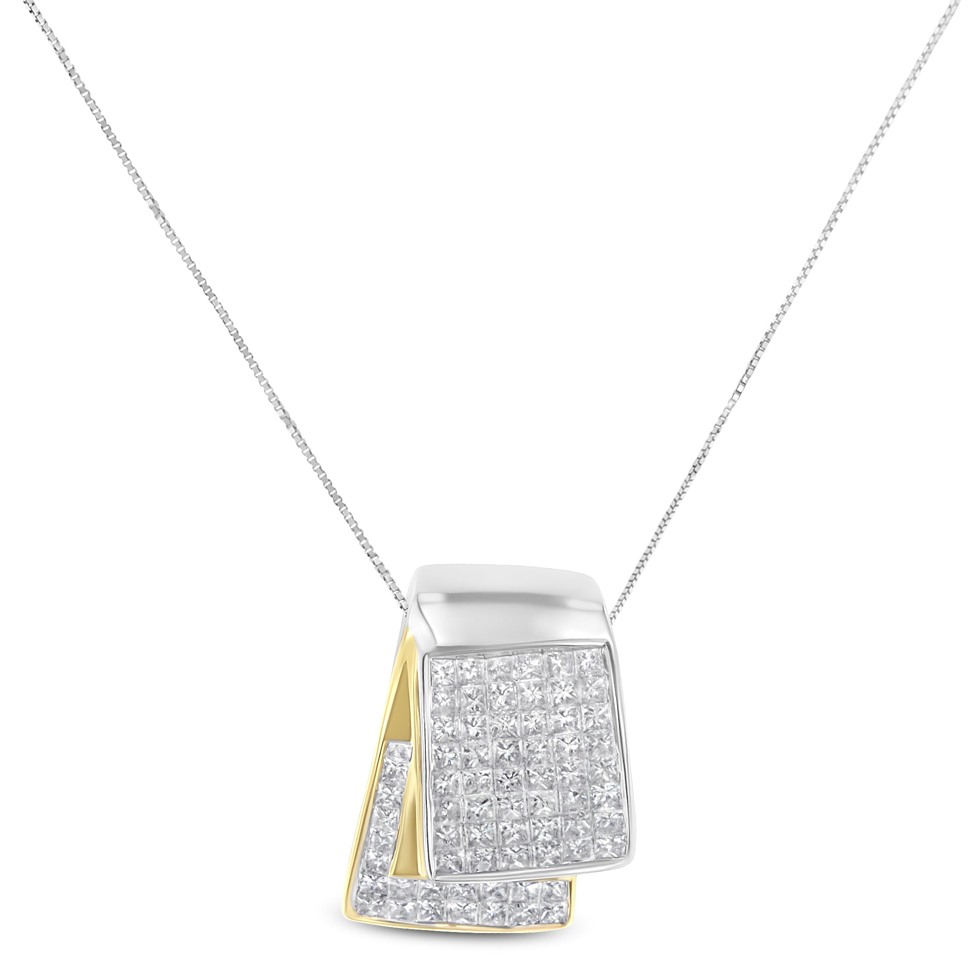 14K White and Yellow Gold 2.0 Cttw Princess Cut Diamond Two Tone Foldover Box Pendant 18†Box Chain Necklace (H-I Color, SI1-SI2 Clarity)