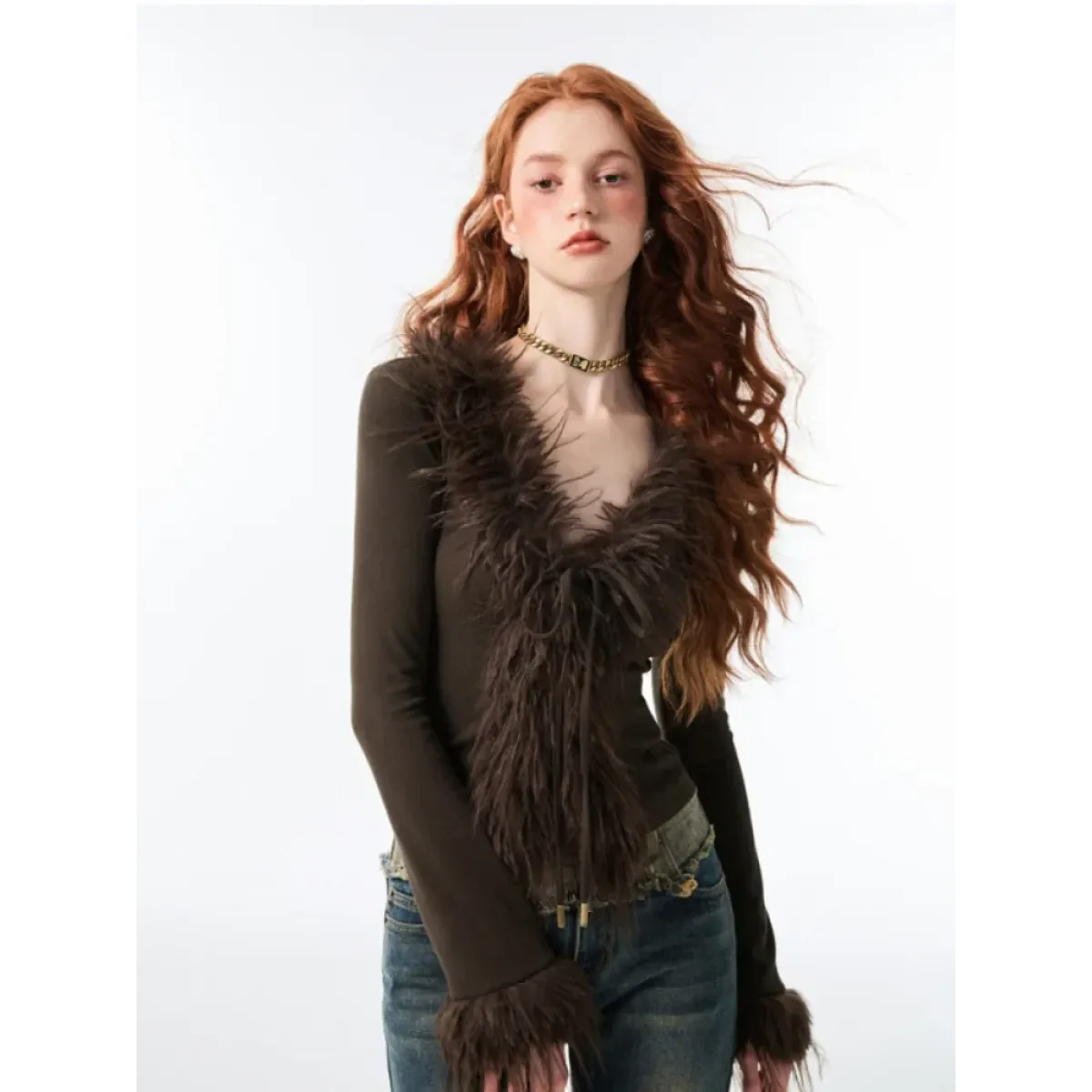 Lace-Up Faux Fur Cardigan – Vintage Slim Fit Long Sleeve Top
