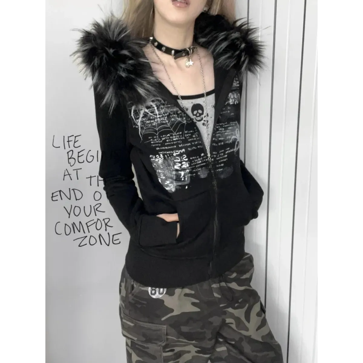 Black Gothic Grunge Fur Hooded Jacket