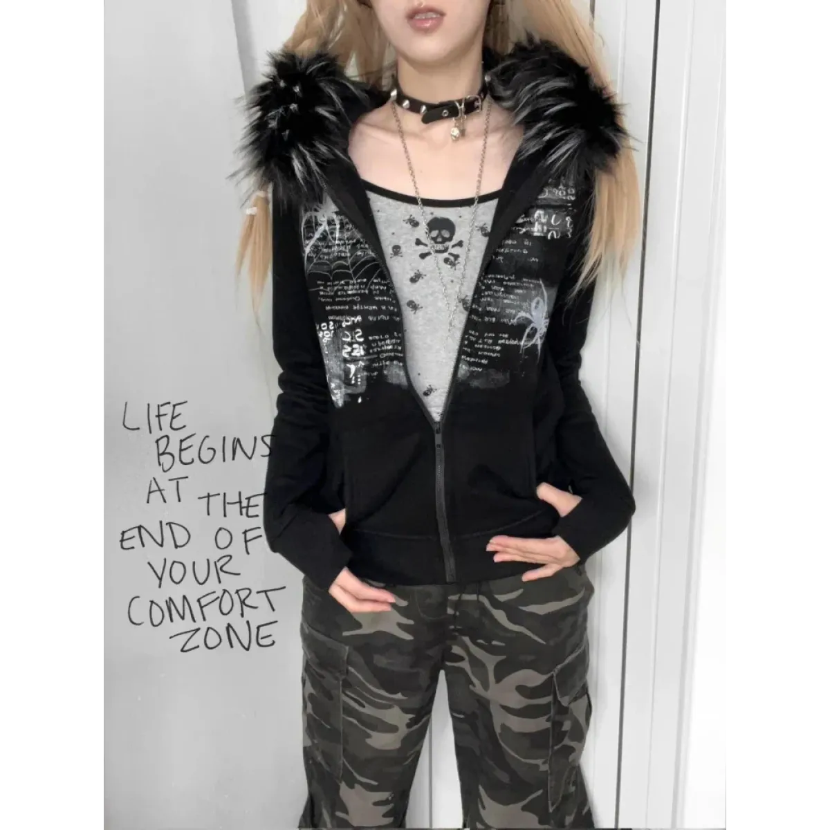 Black Gothic Grunge Fur Hooded Jacket