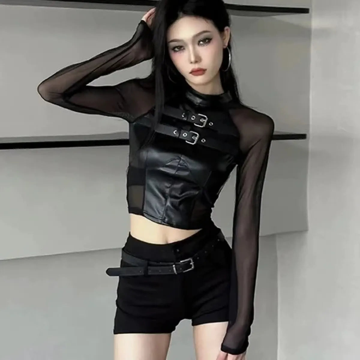 Faux Leather Mesh Crop Top – Harajuku Y2K E-Girl Streetwear