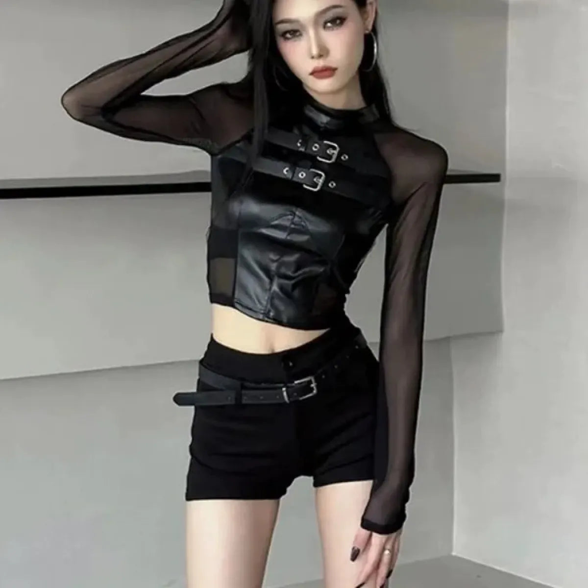 Faux Leather Mesh Crop Top – Harajuku Y2K E-Girl Streetwear