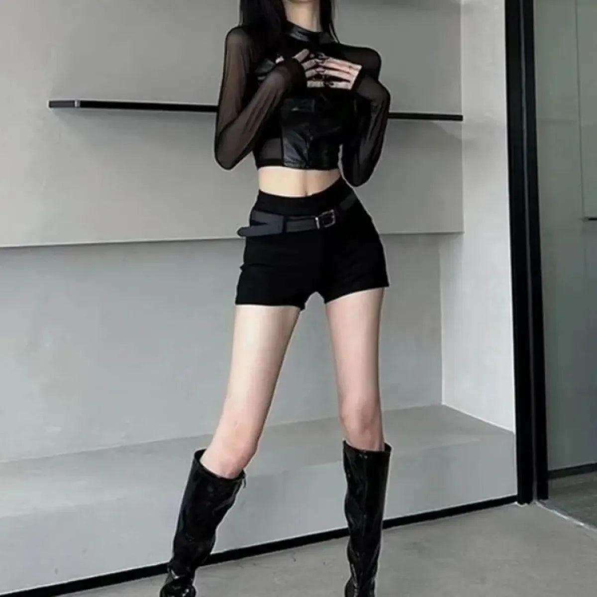 Faux Leather Mesh Crop Top – Harajuku Y2K E-Girl Streetwear