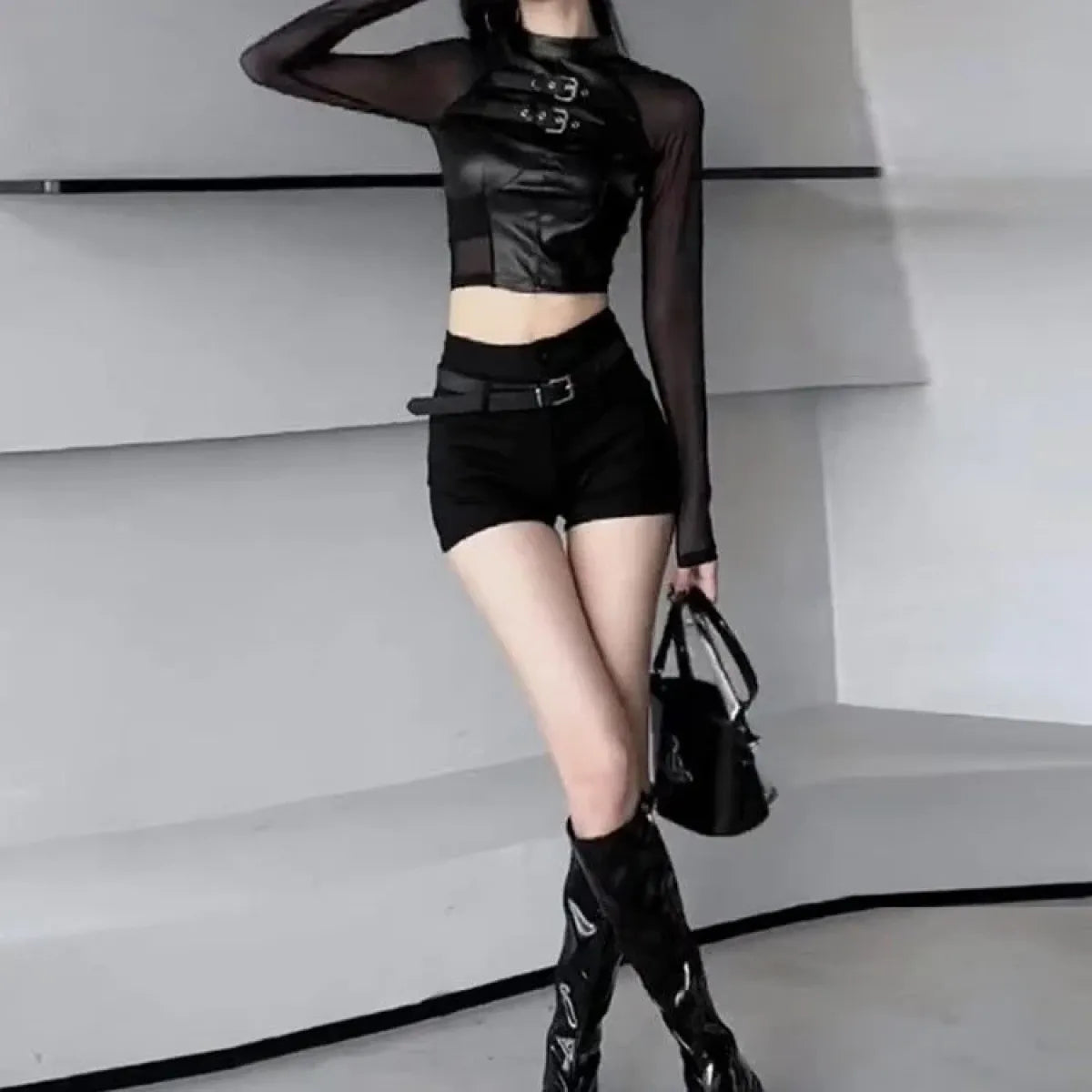 Faux Leather Mesh Crop Top – Harajuku Y2K E-Girl Streetwear