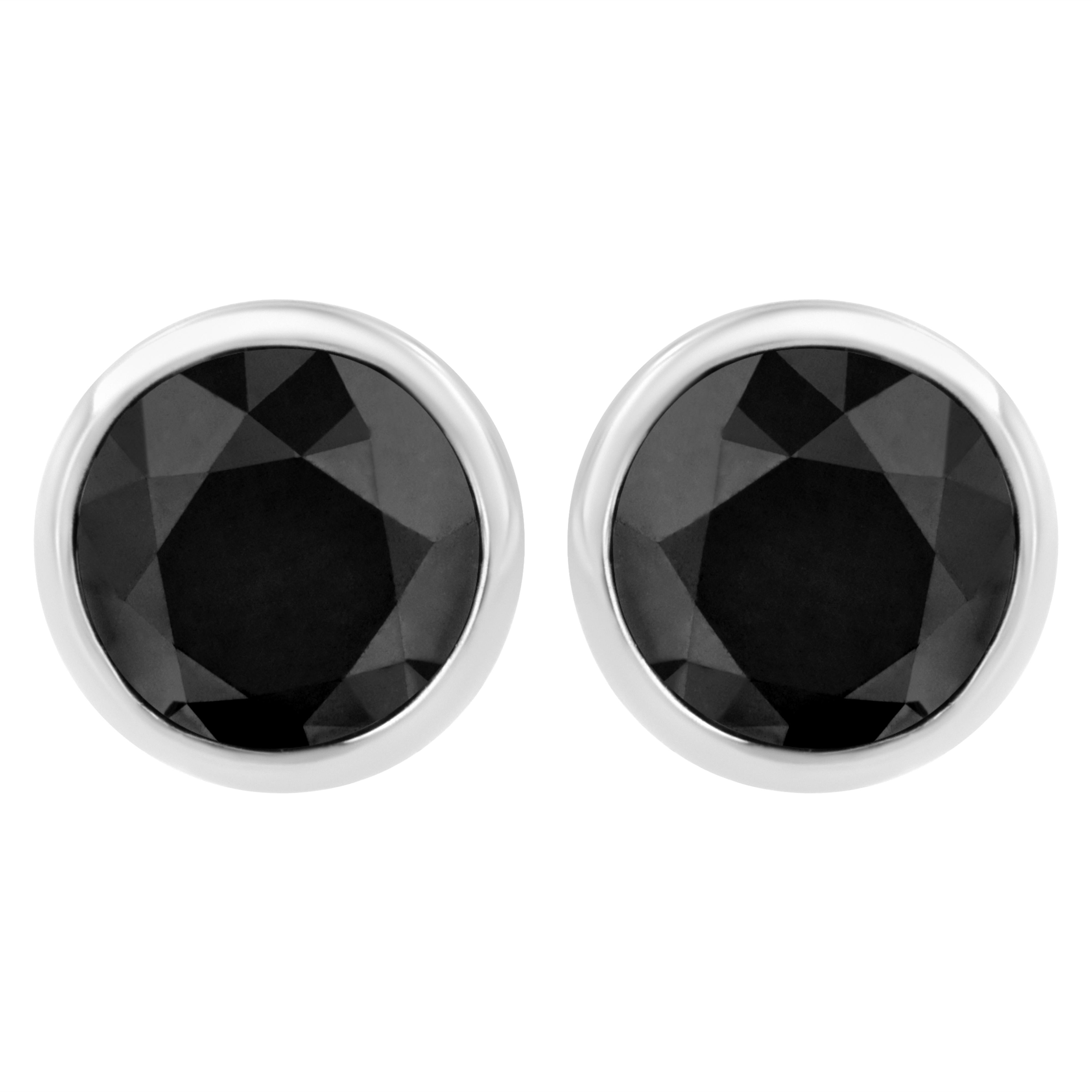 14K White Gold 1/2 Cttw Round Brilliant-Cut Black Diamond Bezel-Set Stud Earrings with Screw Backs (Fancy Color-Enhanced, I2-I3 Clarity)