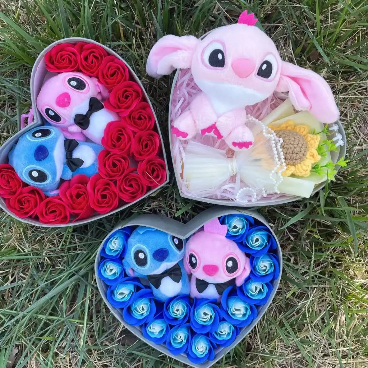 Kawaii Stitch Plush Gift Box – Heart Shaped with Roses, Valentine’s Day Gift Set