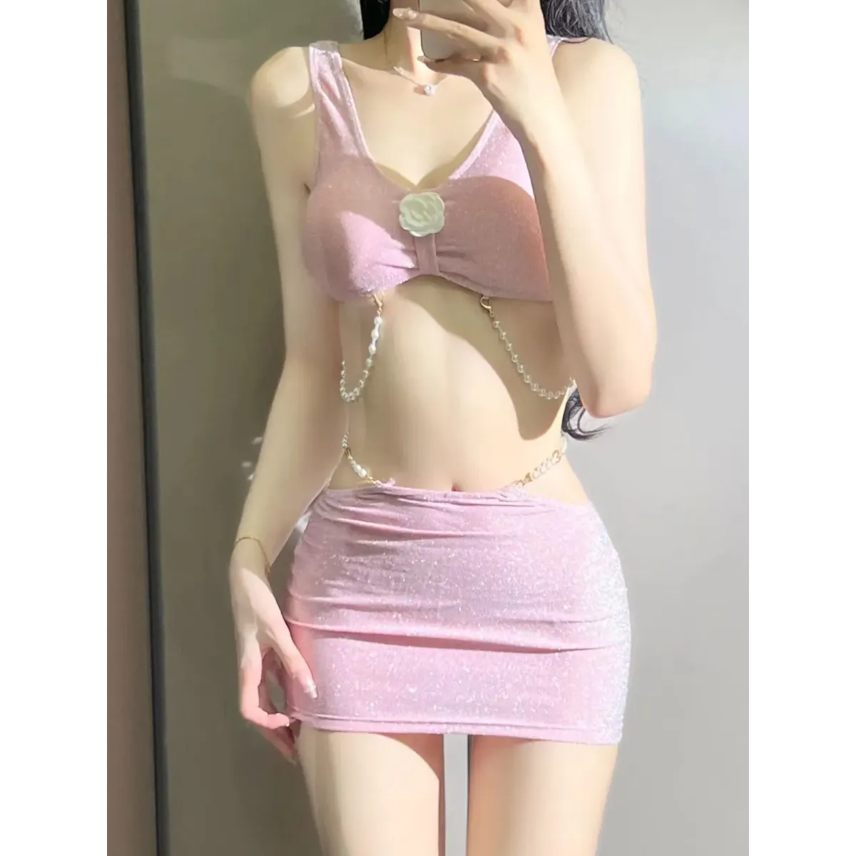Glitter 3PC Bikini Set – 3D Flower Top with Pearl Chain Mini Skirt