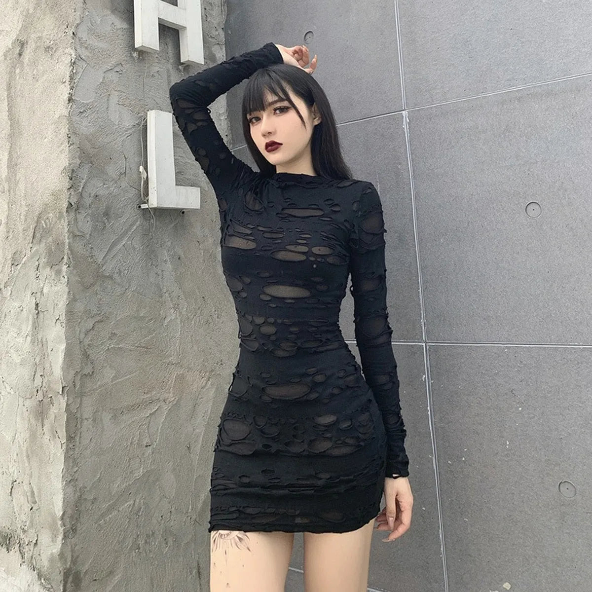 Ripped Gothic Black Mini Dress