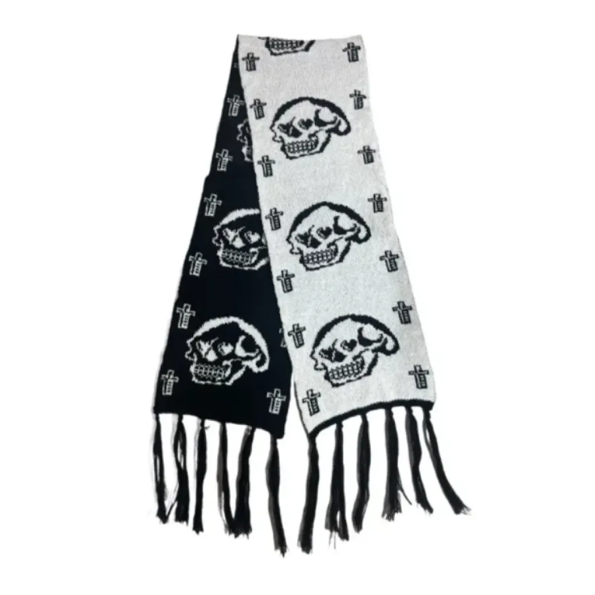 Black & White Y2K Harajuku Scarf – Gothic Cat Print with Tassels
