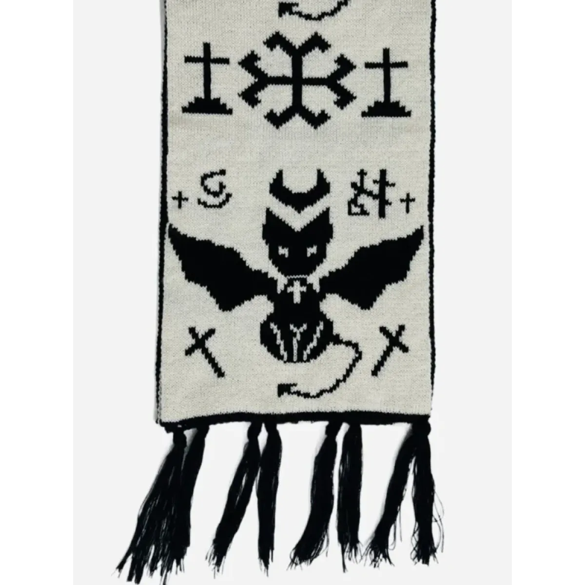 Black & White Y2K Harajuku Scarf – Gothic Cat Print with Tassels
