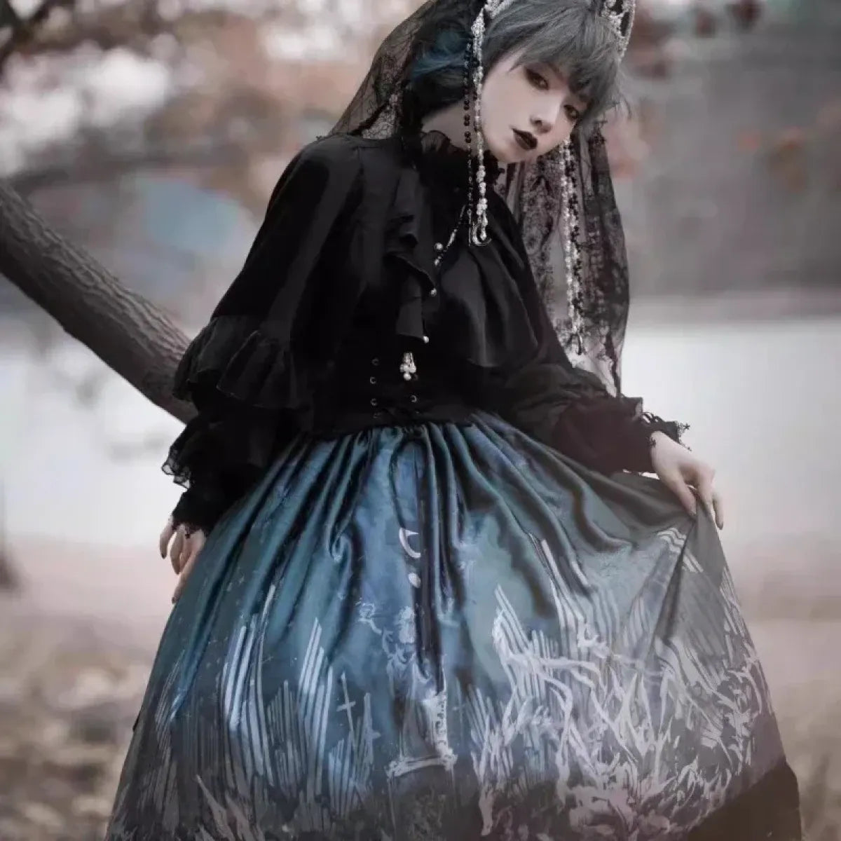 Gothic Lolita Ruffle Blouse – High Neck Lace Lantern Sleeves