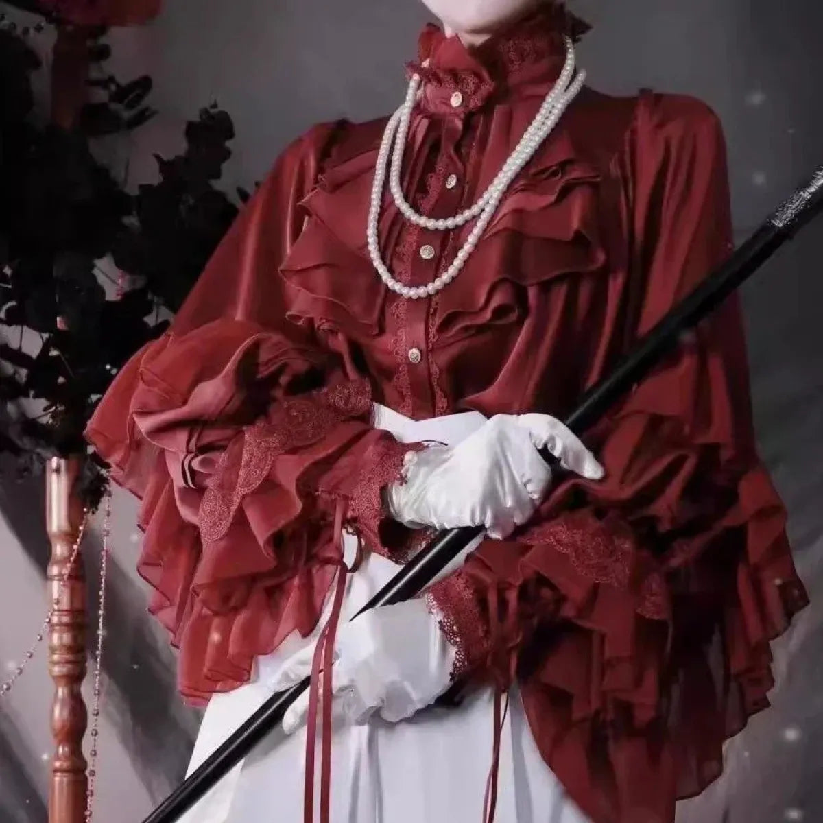 Gothic Lolita Ruffle Blouse – High Neck Lace Lantern Sleeves