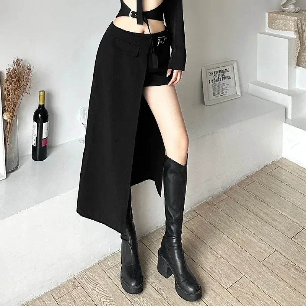 Gothic Techwear Mini Skirt – Irregular Hem, Buckle Detail, High Waist