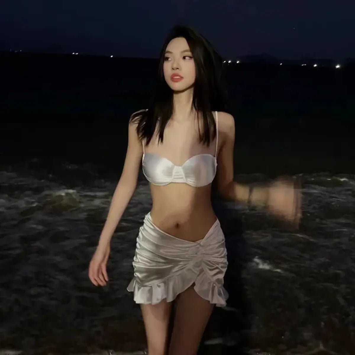 Satin Halter Bikini Set – Ruffled Irregular Wrap Skirt Swimsuit