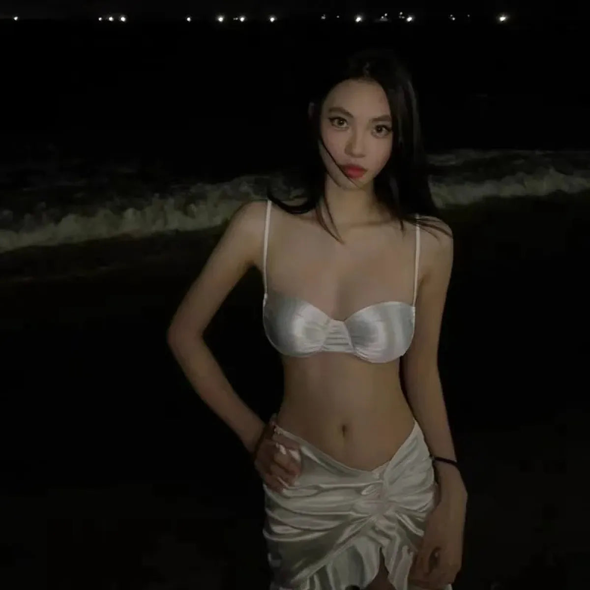 Satin Halter Bikini Set – Ruffled Irregular Wrap Skirt Swimsuit