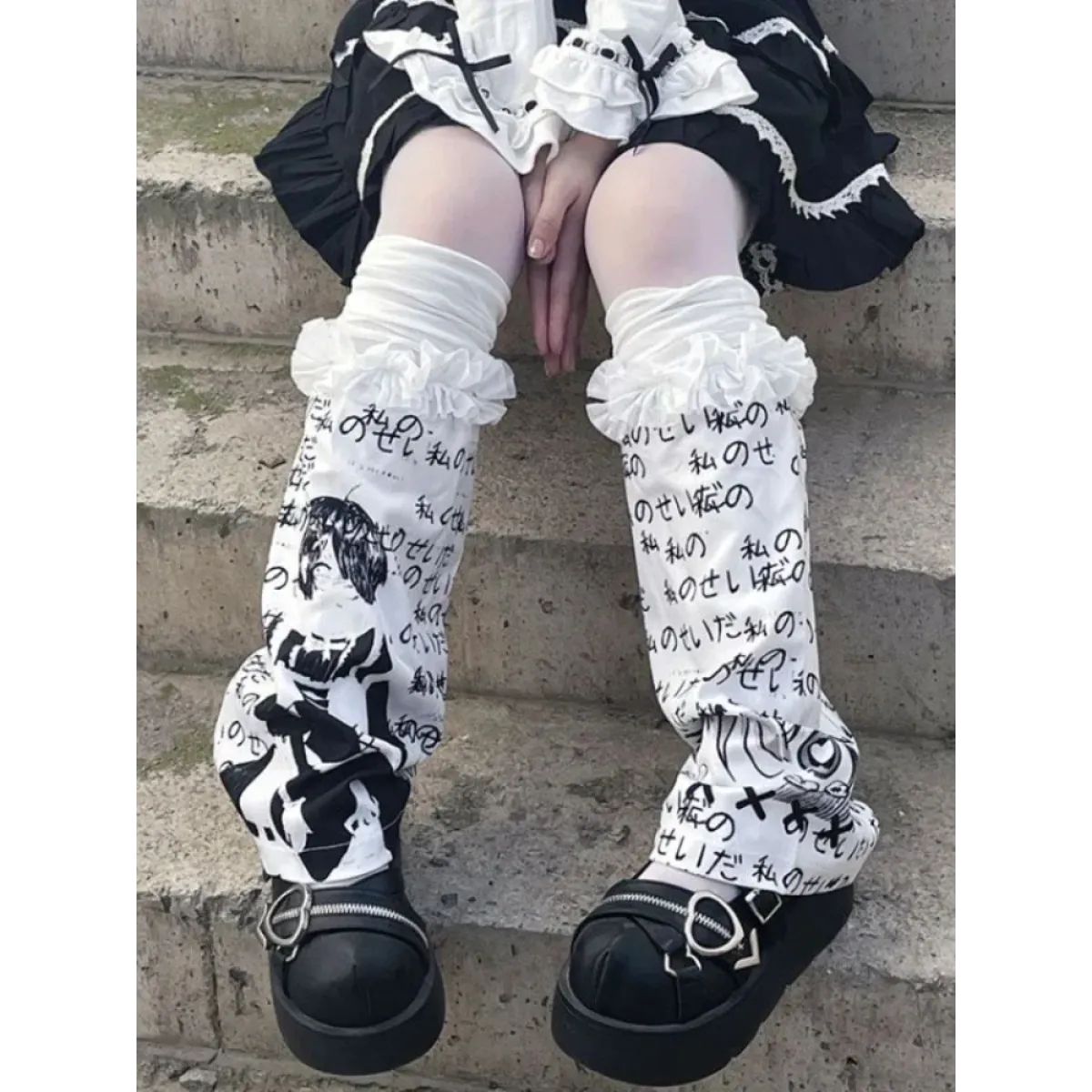 Black & White Harajuku Leg Warmers – Gothic Print & Lace Trim
