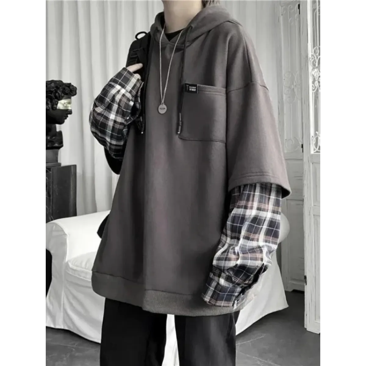 Harajuku Oversized Unisex Hoodie โ Plaid Patchwork Grunge Style